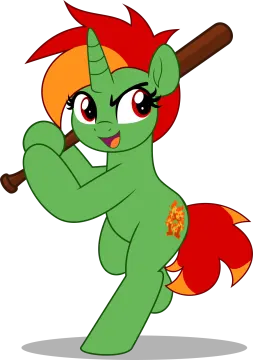 a green pony with red hair and a baseball bat