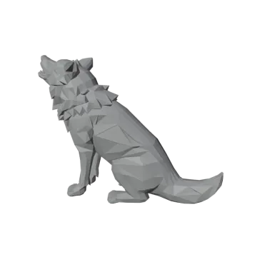 a gray dog sitting down on a white background