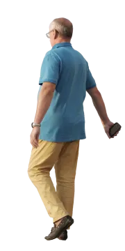 a man in a blue shirt and yellow pants