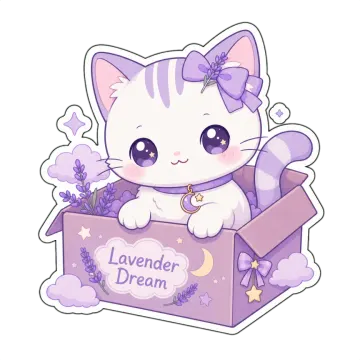 a white cat sitting in a purple box with lavender flowers