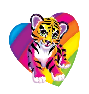 a tiger cub in front of a rainbow heart