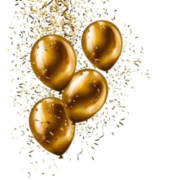 a bunch of gold balloons with confe
