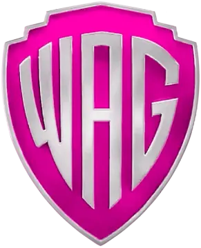 a pink and silver logo on a white background