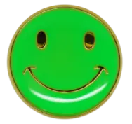 a green smiley face button on a white background