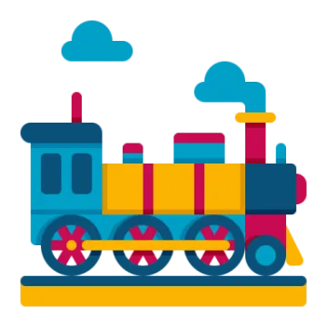 a colorful train with clouds in the background