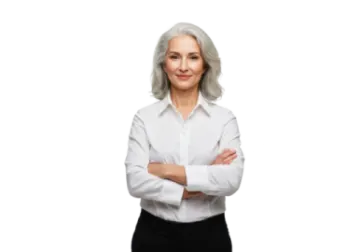 an older woman in a white shirt and black pants