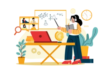 a woman sitting at a desk with a laptop and books in front of her