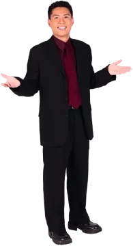 a man in a suit and tie with his hands out