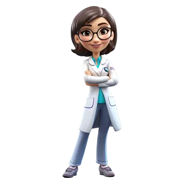a cartoon female doctor standing with her arms crossed