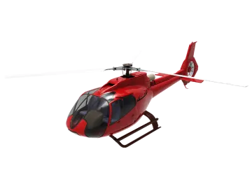 a red helicopter is flying in the air