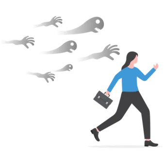 a woman walking in front of a group of ghosts