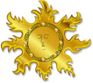 a gold sun with green eyes