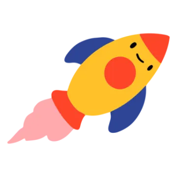 a yellow and blue rocket with a red nose