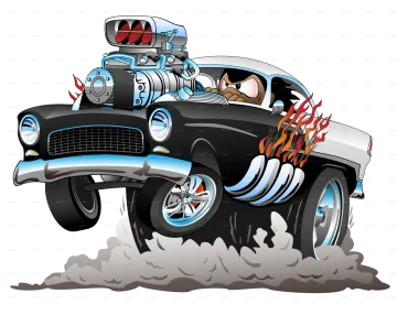 an old car with a robot in the back