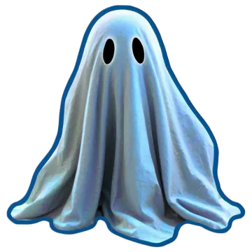 a blue and white ghost with black eyes
