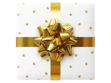 a white gift box with gold bow and polka dots