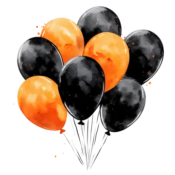 a bunch of black and orange balloons