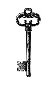 a black and white drawing of an old key