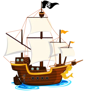 a pirate ship with a flag and a fish