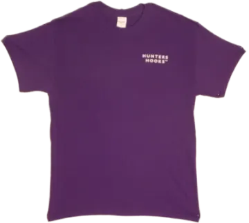 a purple t - shirt with white writing on the front