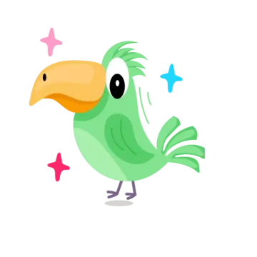 a green bird with a pink star in its beak