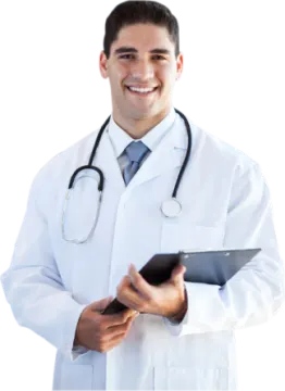 a man in a white lab coat holding a tablet