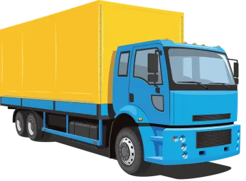 a blue and yellow truck on a white background