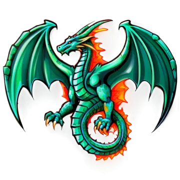 a green dragon with orange flames on its wings