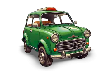 an old green car with a red light on top