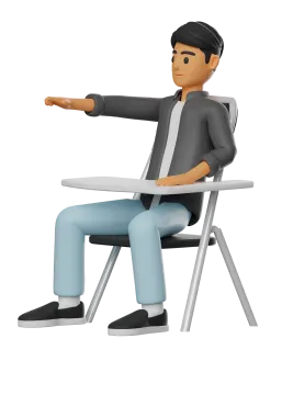 a man sitting in a chair pointing at something