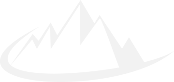 a white logo with mountains in the background