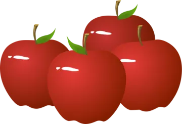 three red apples with green leaves