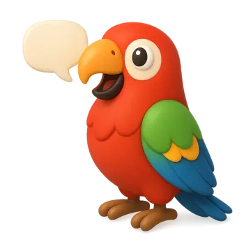 a red parrot with a speech bubble in its mouth