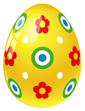 a yellow easter egg with red, green and blue flowers