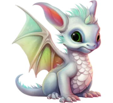 a white dragon with green eyes sitting on the ground
