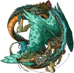 a drawing of a dragon with green and orange colors