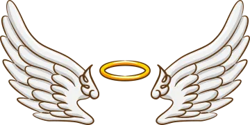 two white angel wings with a gold ring