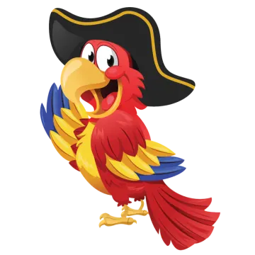 a red and yellow parrot in a pirate hat