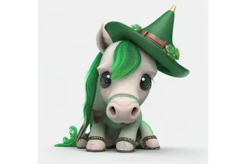 a cartoon unicorn with green hair and a hat