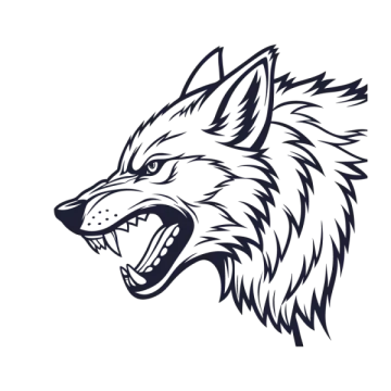 a black and white wolf head with open mouth