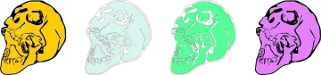 a set of four different colored skulls