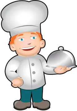 a cartoon chef holding a tray of food