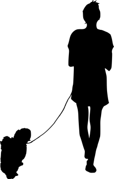 a silhouette of a woman walking her dog