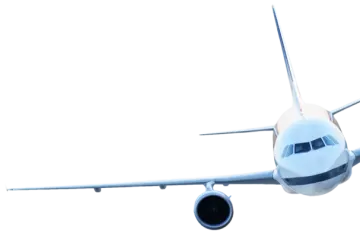 an airplane flying in the sky with a white background