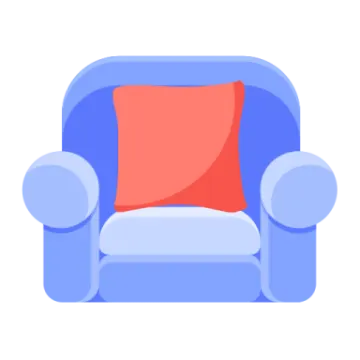 a blue chair with a red pillow