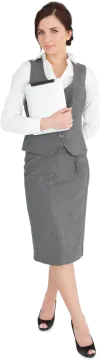 a woman in a business suit holding a laptop