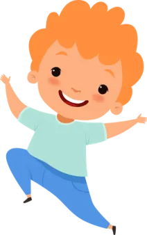 a little boy with orange hair and blue pants