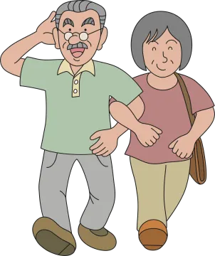 an old man and woman walking together