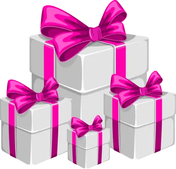a pile of white gift boxes with pink bows