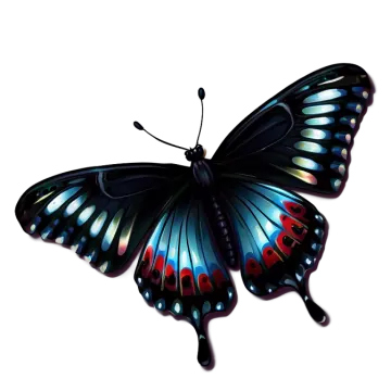 a black and blue butterfly with red spots on its wings